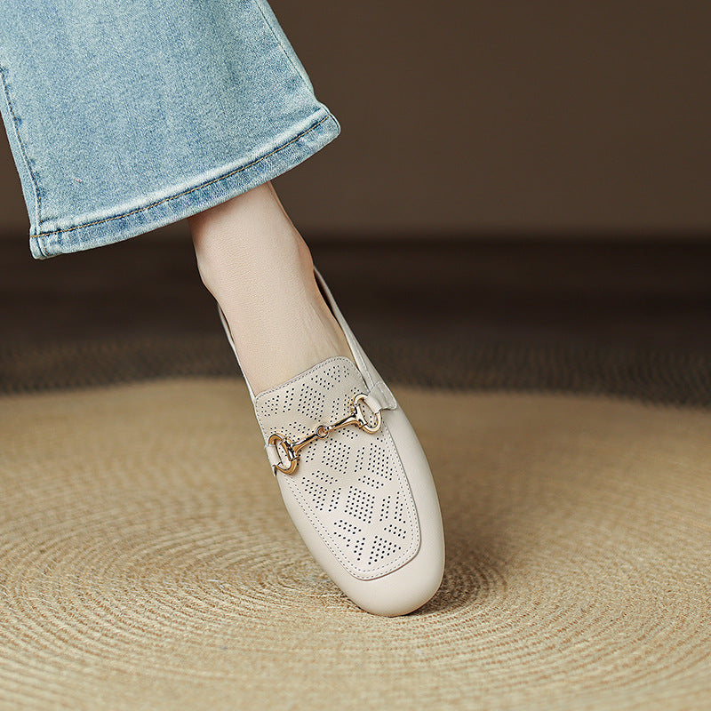 Women's Flat Bottom Horse Buckle Genuine Soft Slippers