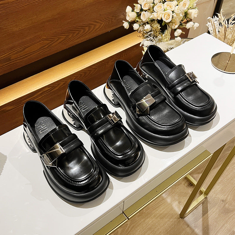 Women's Mary Jane Preppy Style Metal Buckle Thick Leather Shoes