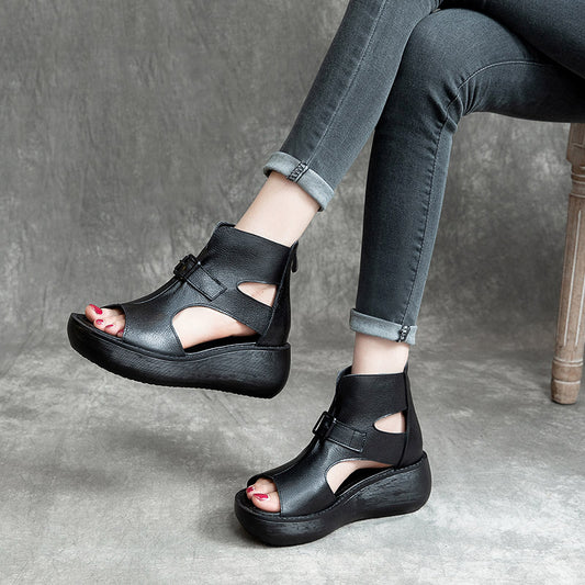 Women's Wedge Cowhide Martin Flat Platform Peep Sandals