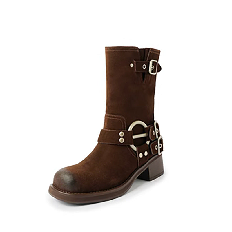 Vintage Western Thick Brushed Distressed Middle Boots
