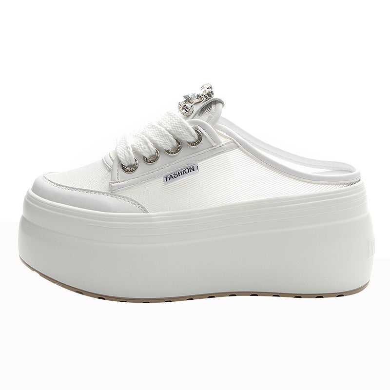 Women's Breathable Mesh Rhinestone Platform Increased Trendy Slippers