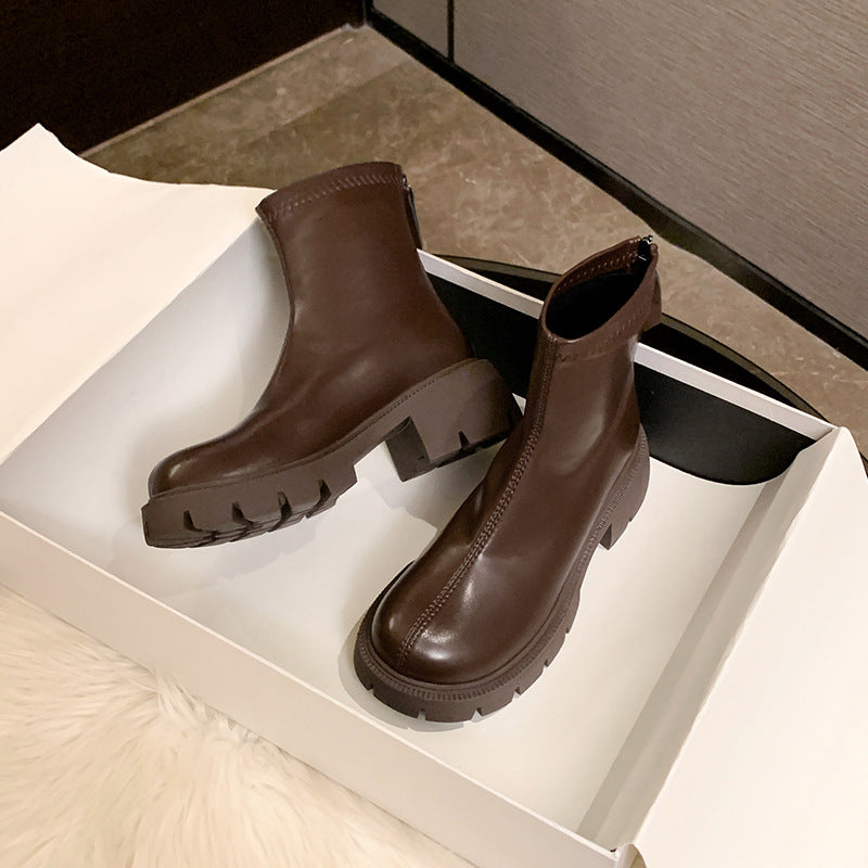 Women's Platform Martin Chunky Ankle Soft Brown Boots
