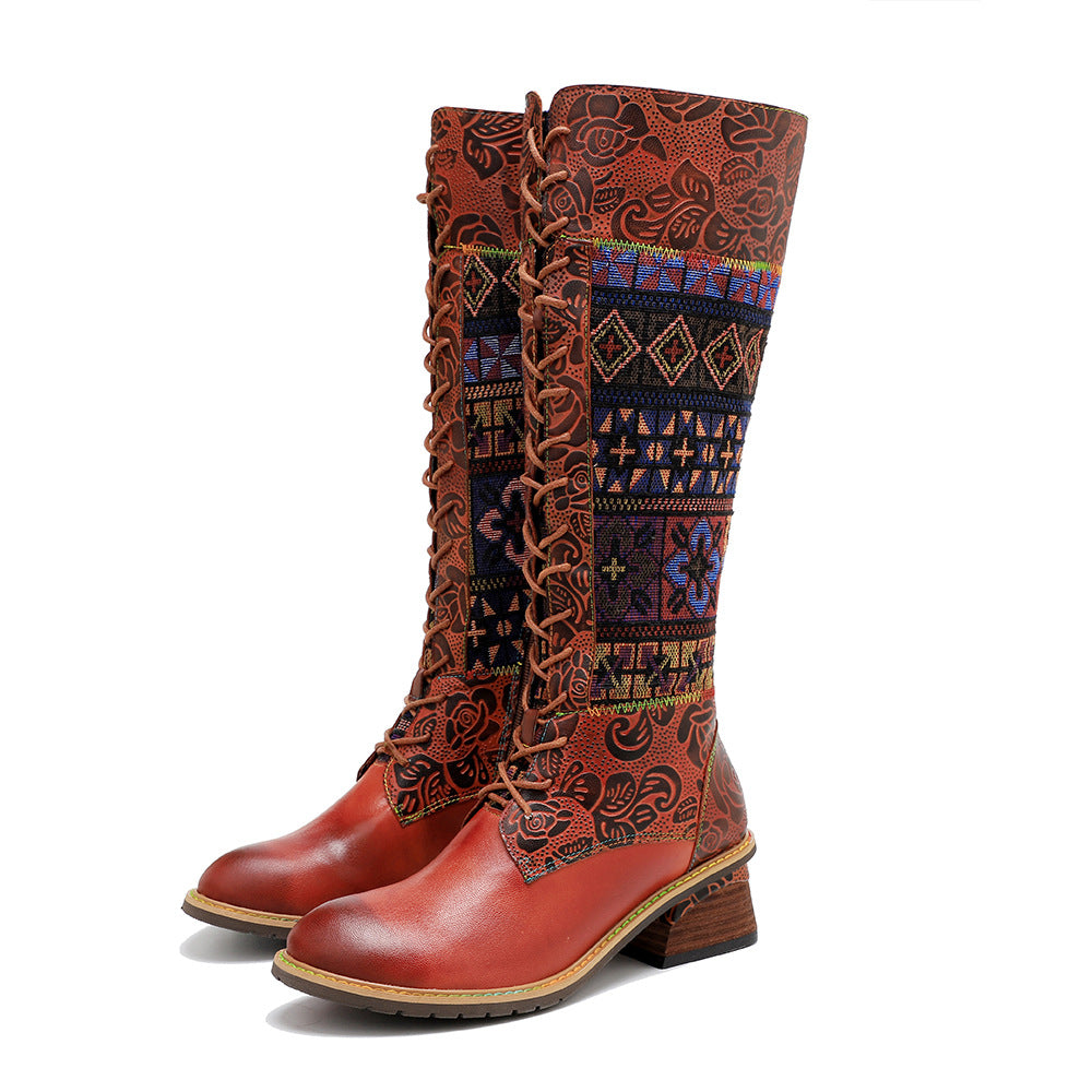 Women's Hand-rub Color Genuine American Retro Print Boots