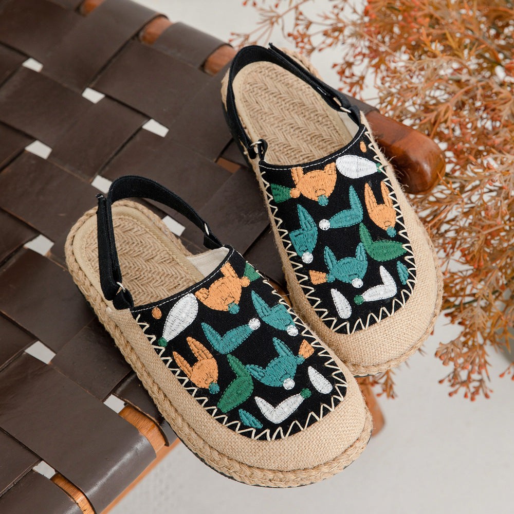 Fox Embroidery Flat Bottom Summer Deep Mouth Toe Sandals