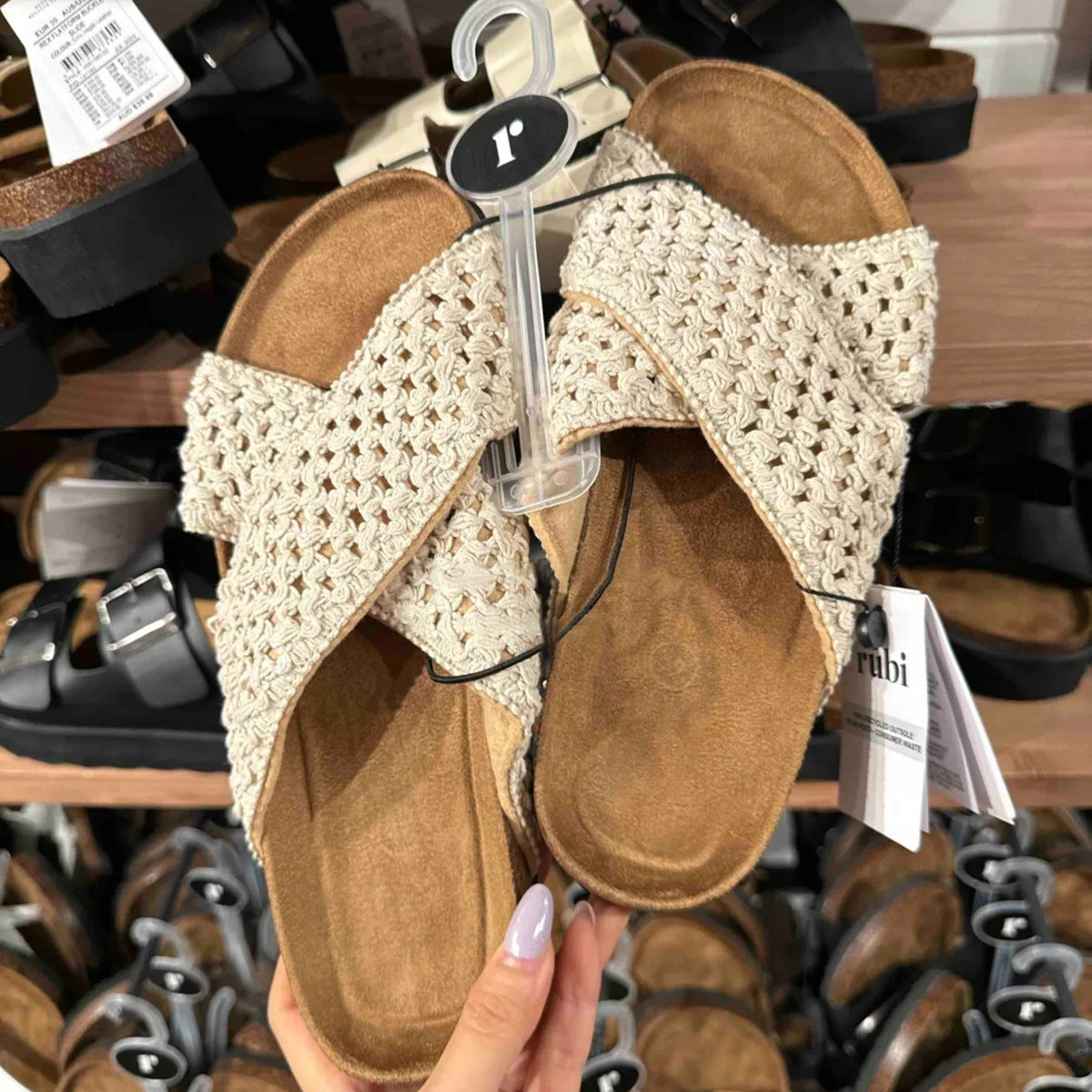 Women's Cowhide Version Cross Strap Knitted Outdoor Slippers