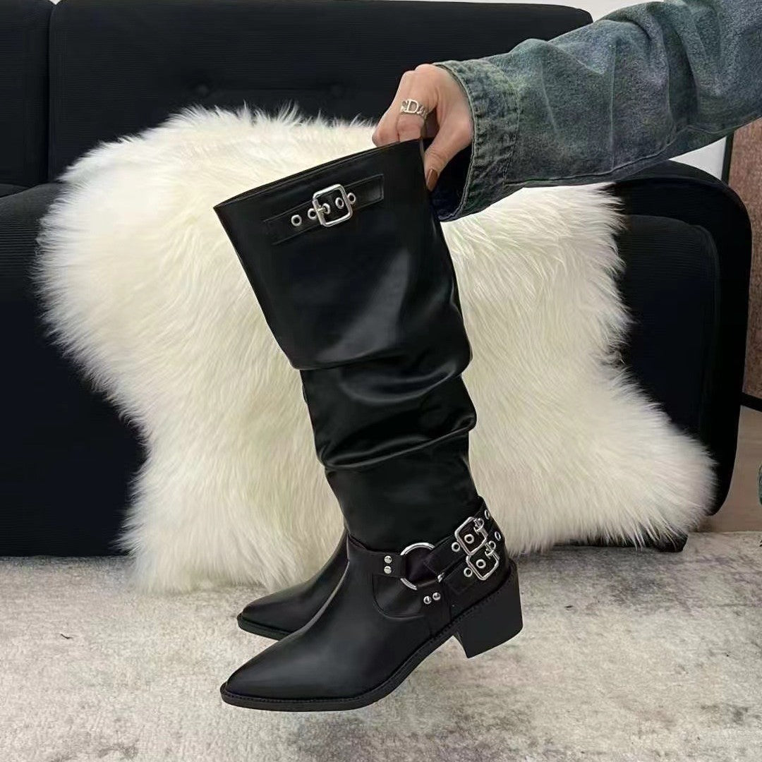 Women's Knight Pointed Toe Thick Mid Niche Boots