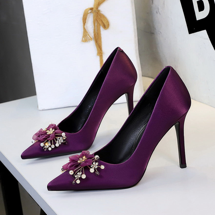 Women's Flower Beaded Thin Glittering Pointed High Dress Main Wedding Women's Fashion Shoes