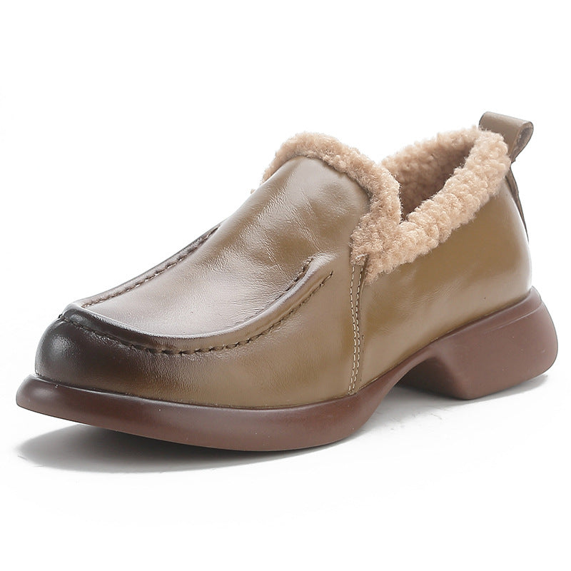 Cowhide Fluffy Thick Bottom Winter Plush Chunky High Loafers