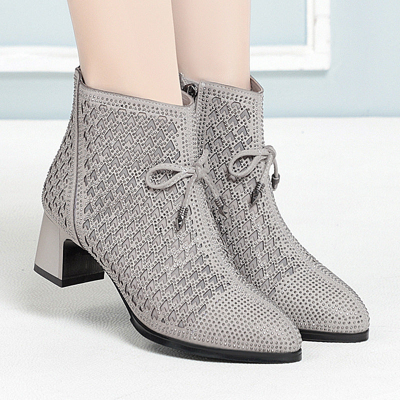 Women's Mesh Ankle Thick Single Rhinestone High Heels