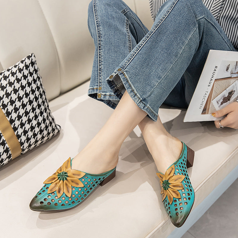 Women's First Layer Cowhide Pointed Toe Mid Heels