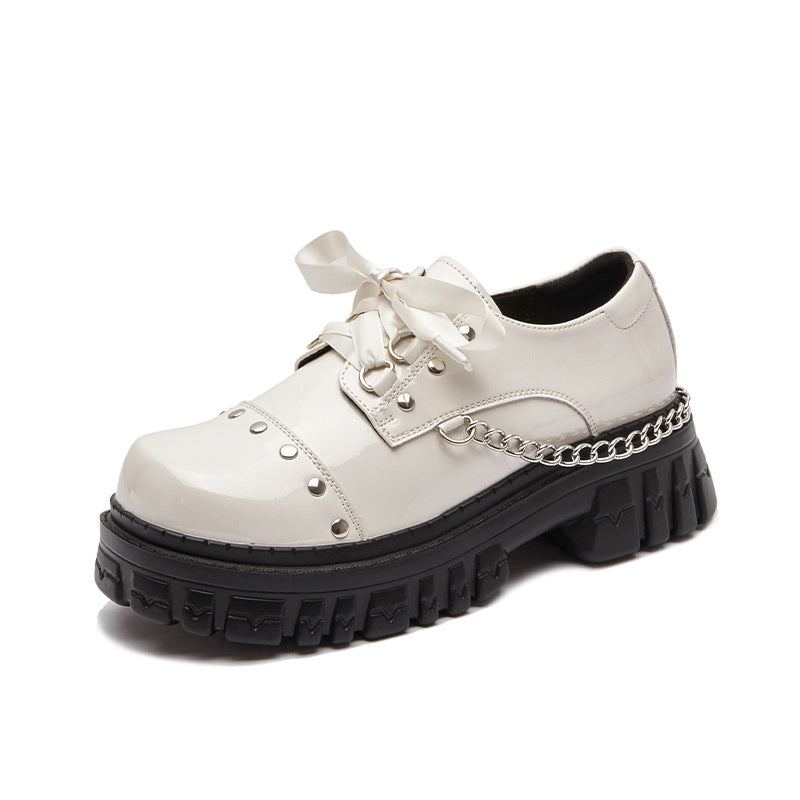 Women's Genuine Platform Fashion Chain Retro Single Leather Shoes