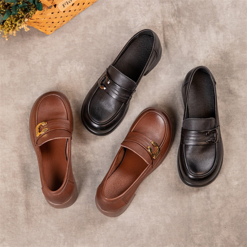 Spring British Deep Mouth Chunky Round Leather Shoes