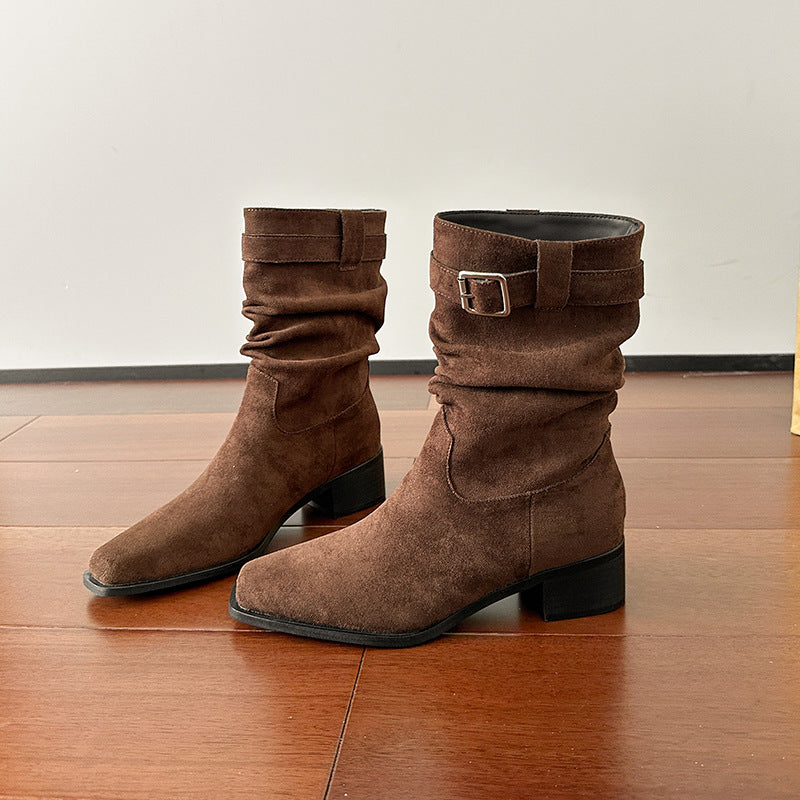Women's Vintage Suede Short Western Cowboy Chunky Mid Boots