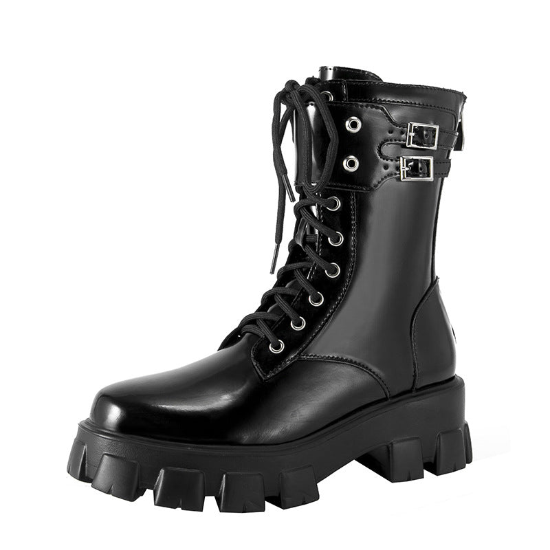 Women's Platform Motorcycle High Round Toe Black Length Preppy Boots