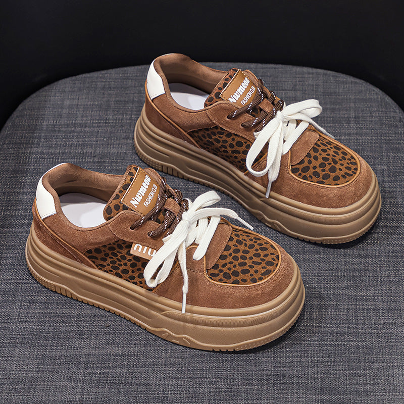 Women's White Korean Height Increasing Sports Leopard Sneakers