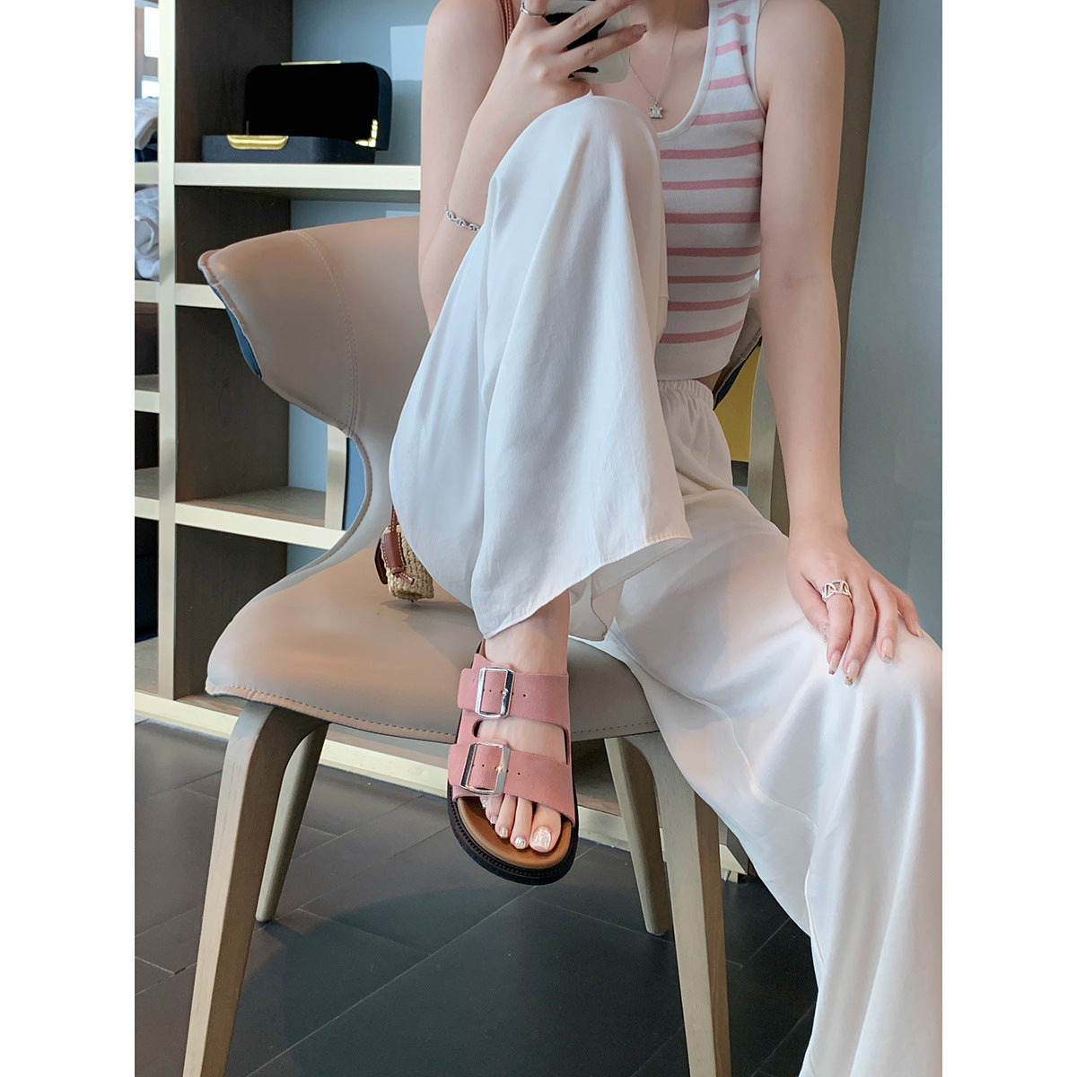 Women's Pair Of Comfortable Lazy Double Buckle With Slippers