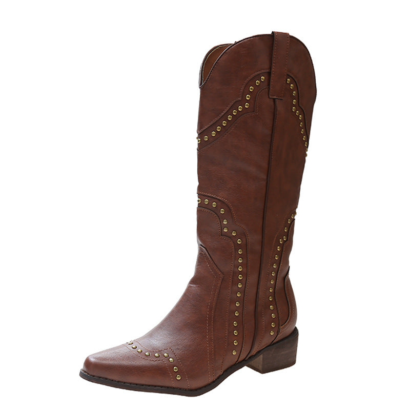 Women's Retro Rivet Western Cowboy High Knee-length Heels