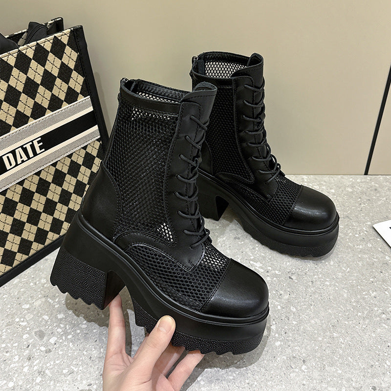 Women's Cowhide Platform Mesh Hollow Martin Small Boots