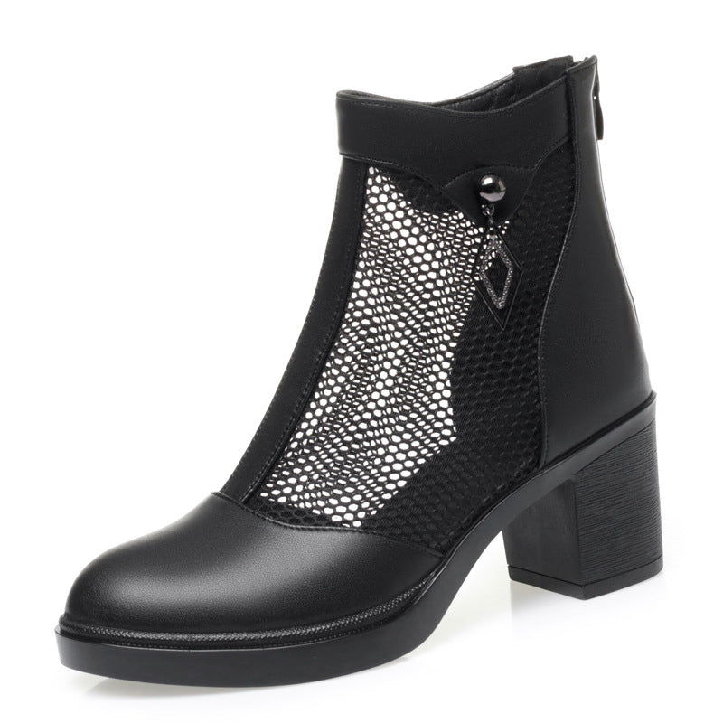 Women's Cowhide Mesh Medium Chunky Ankle Single Heels