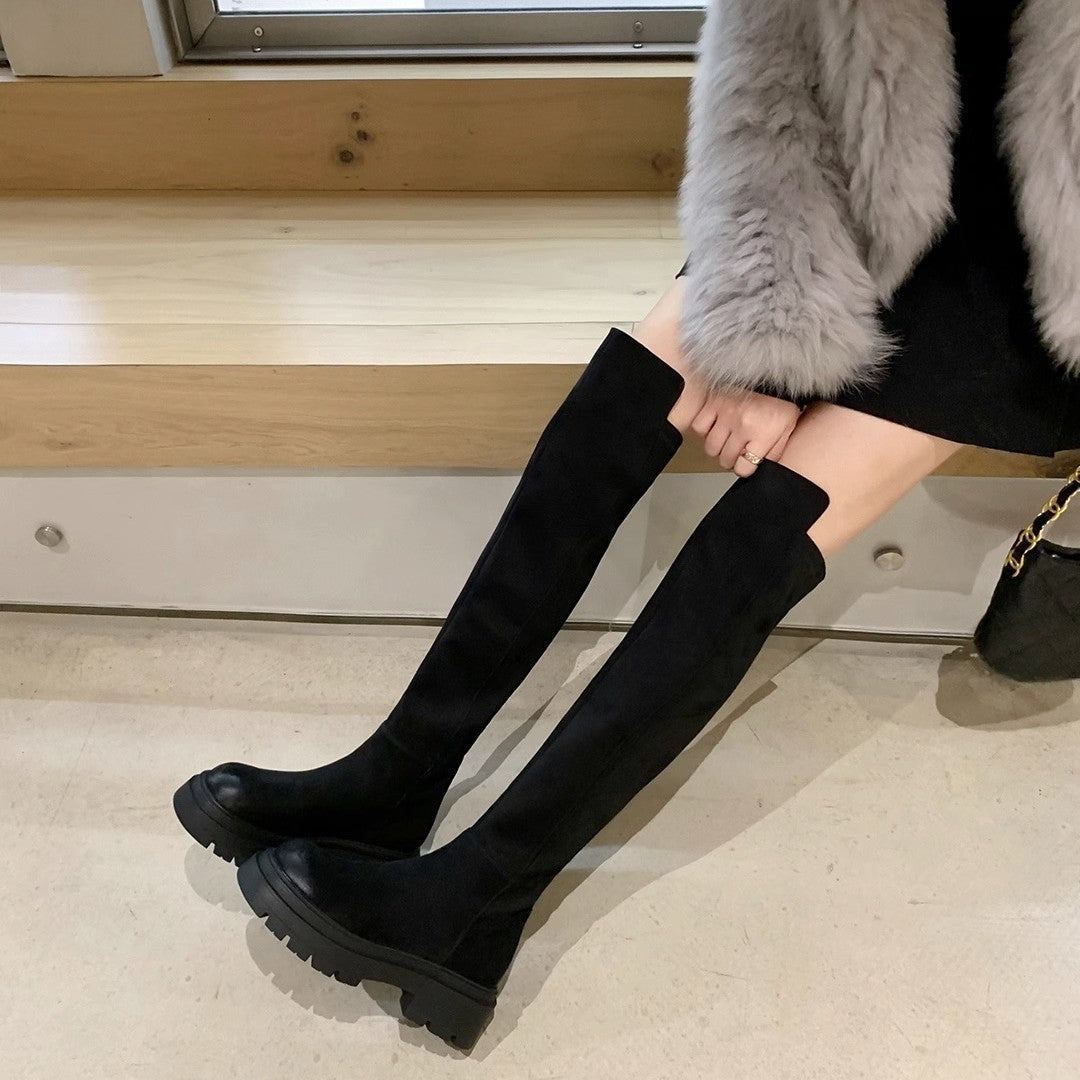 Women's Su Suede Stretch Thin Fleece-lined Platform Height Increasing Boots