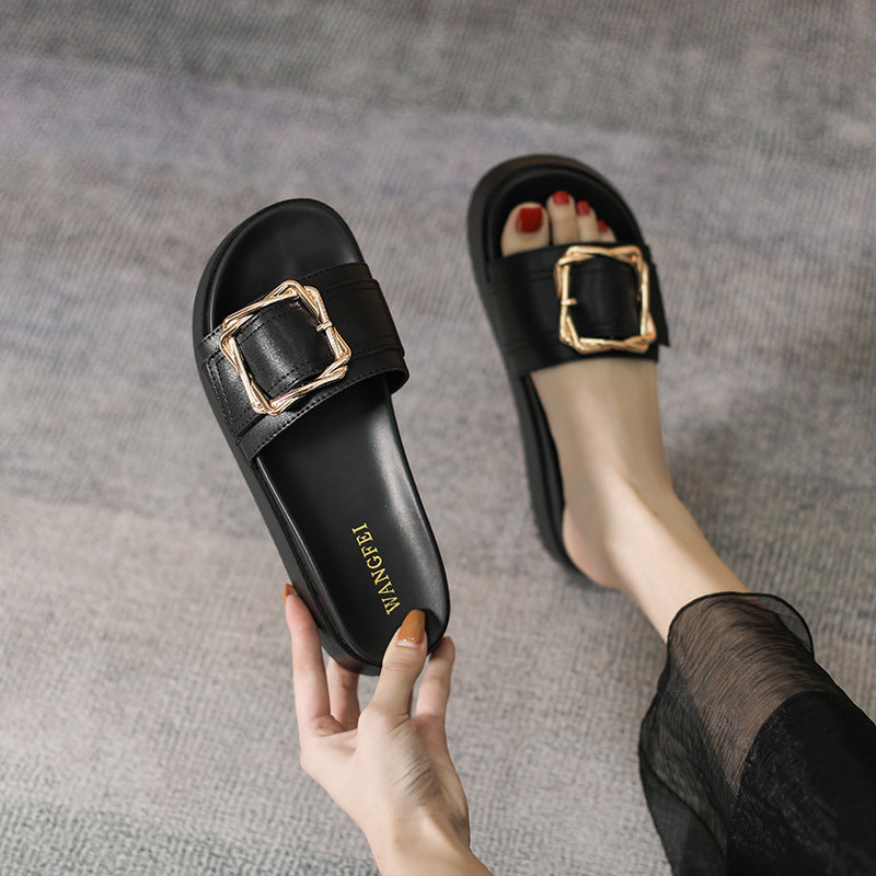Women's Full Cowhide Fashionable Outerwear Summer Platform Slippers