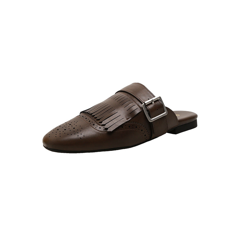 Mom Calfskin Vintage Brogue Carved Tassel Sandals