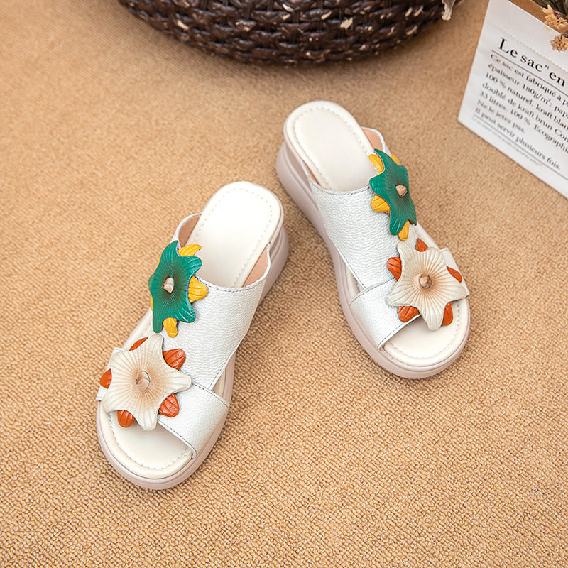 Women's Layer Cowhide Outer Wear Flower Wedge Slippers