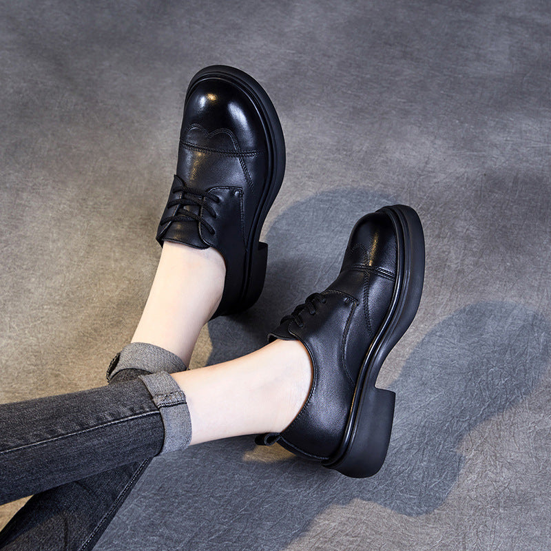 Women's Breathable Platform Black Authentic Single-layer Round Loafers