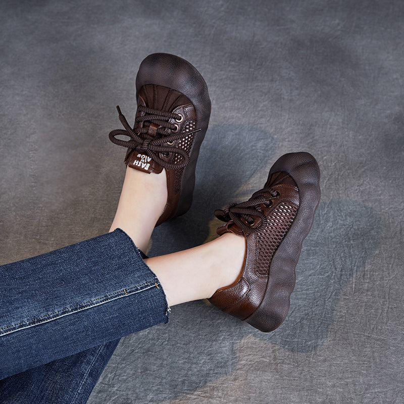 Women's Retro Mesh Surface First Layer Cowhide Casual Shoes