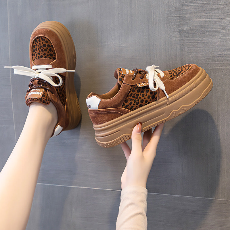 Women's White Korean Height Increasing Sports Leopard Sneakers