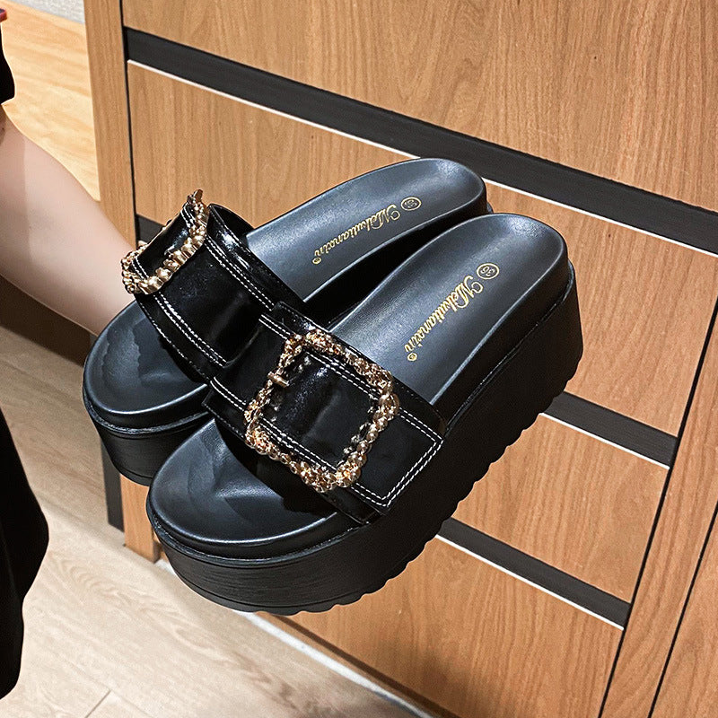 Women's Square Buckle Platform Summer Outdoor Small Muffin Height Slippers