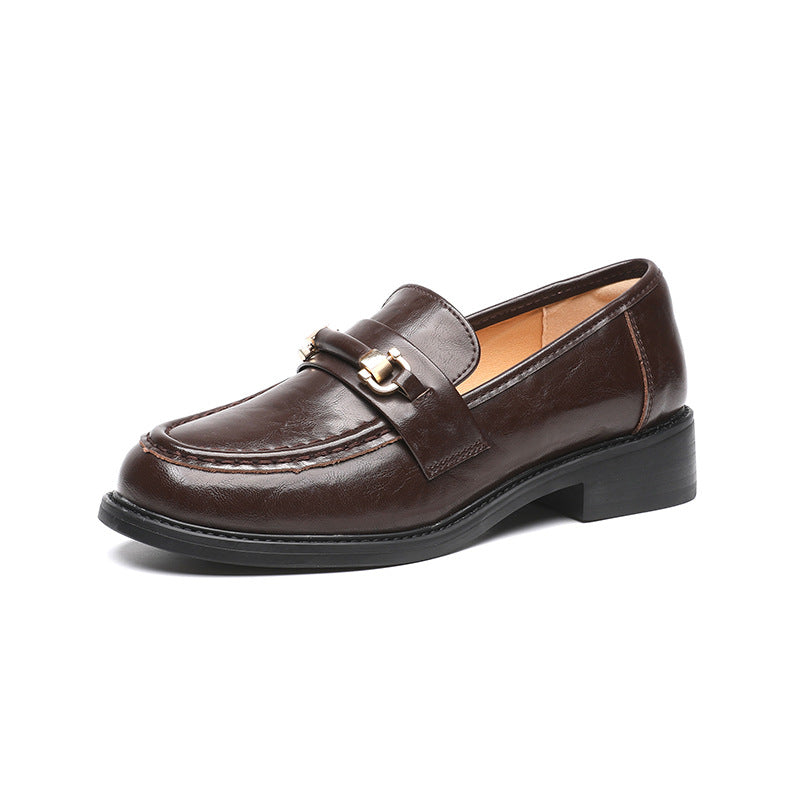 Buckle One Pedal Flat Bottom Pumps Female British Leather Shoes