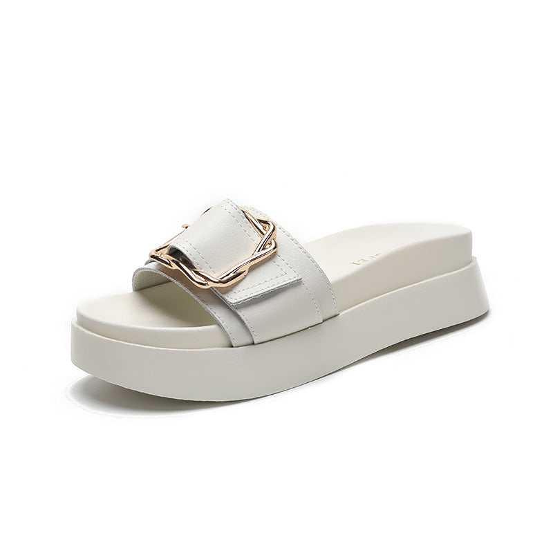 Women's Full Cowhide Fashionable Outerwear Summer Platform Slippers