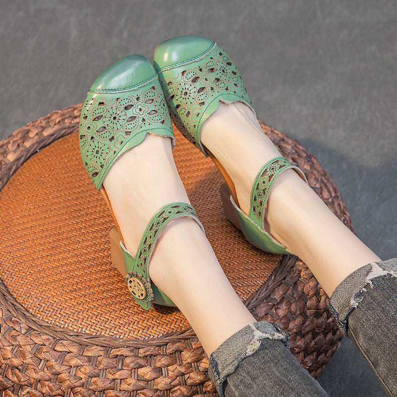 Women's Retro Punching Hollow Out First Layer Cowhide Kitten Heels