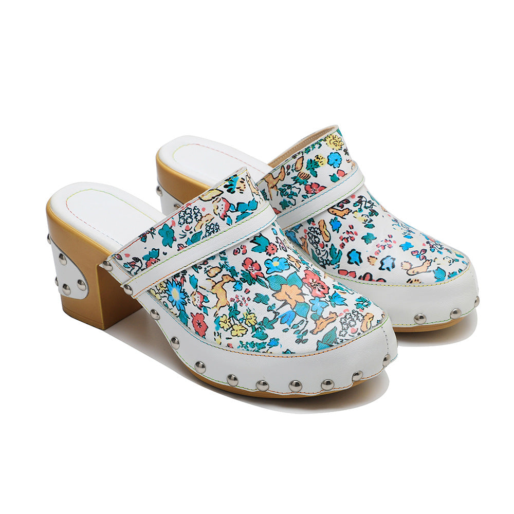 Genuine Printed Fresh Floral Pastoral Style Heels