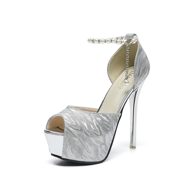 Super High Waterproof Platform Shiny With Pearl Chain Heels