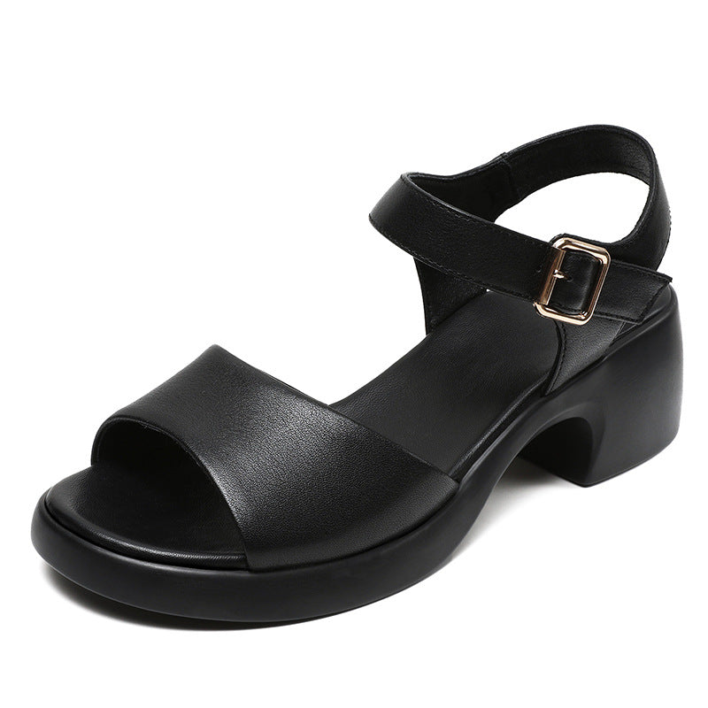 Women's Genuine Summer First Layer Cowhide Comfortable Thick Heels