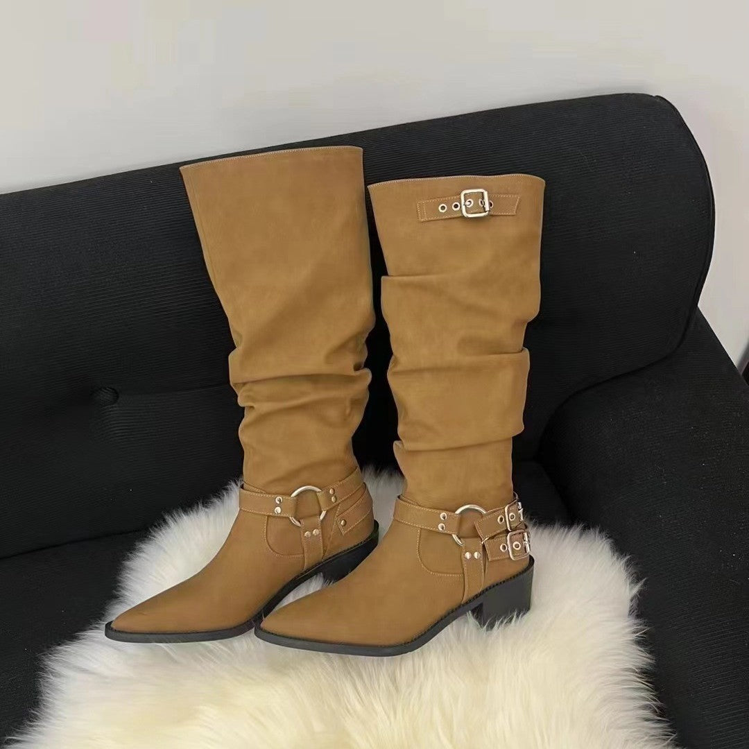 Women's Knight Pointed Toe Thick Mid Niche Boots