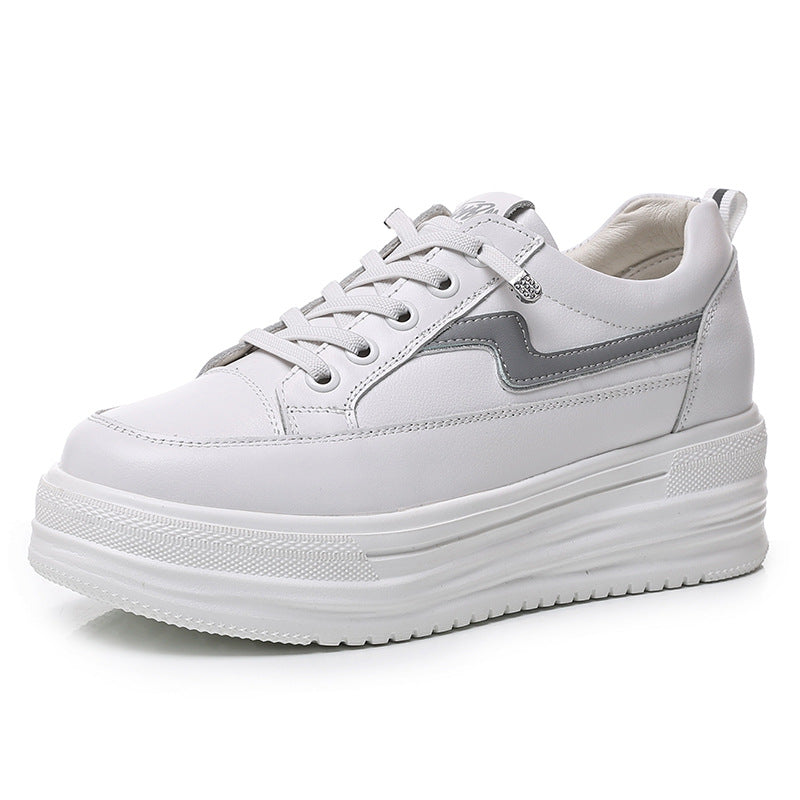Women's White Spring First Layer Cowhide Thick-soled Casual Shoes