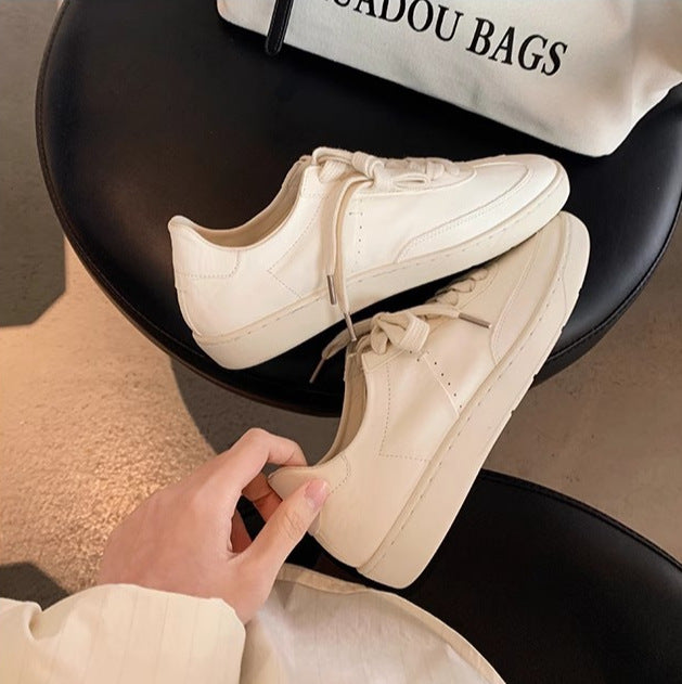 Women's Cowhide White Sports Round Toe German Sneakers