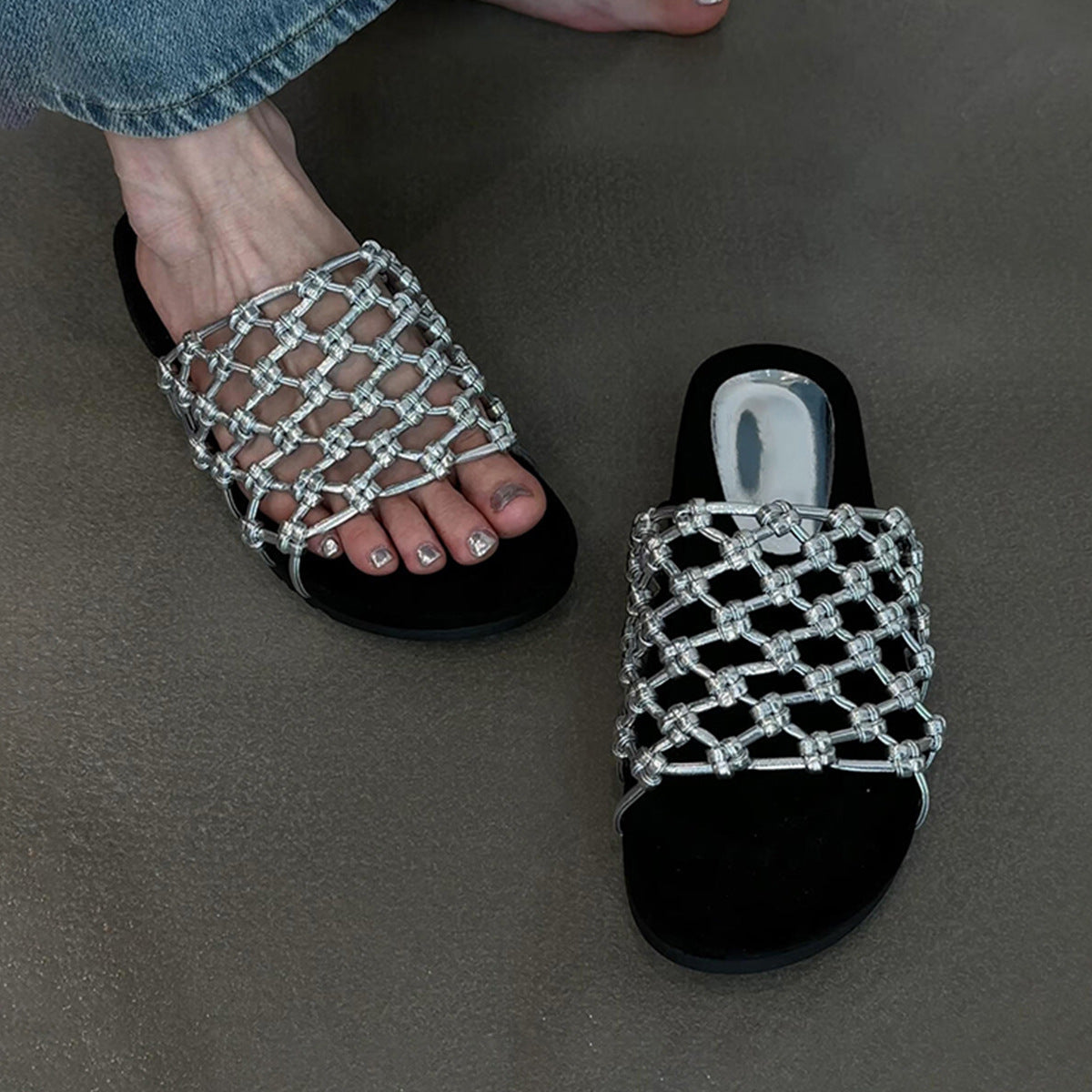 Women's Sheepskin Version Hand-woven Fishnet Platform Beach Soft Slippers