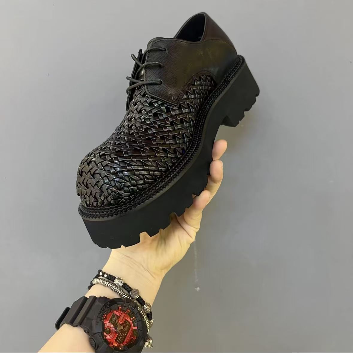 Men's Platform Tide Hand-woven Slip-on Hollow Breathable Business Height Leather Shoes
