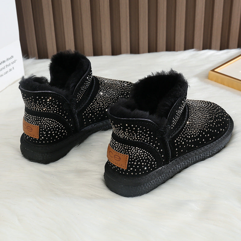 Women's Fleece-lined Thickened Winter Cotton Warm Rhinestone Snow Boots