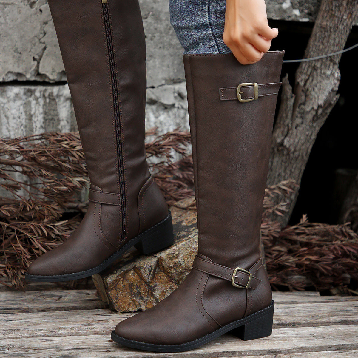 Women's Square Tall Knight Belt Buckle Solid Boots