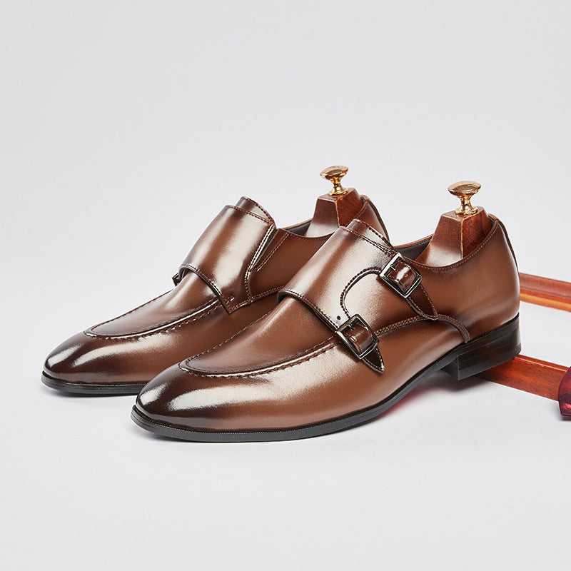Men's Pointed British Style Double Buckle Monk Leather Shoes