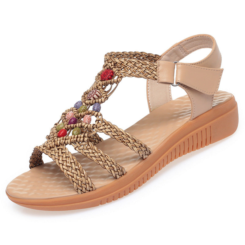 Women's Low Wedge Velcro Bohemian Style Plus Sandals