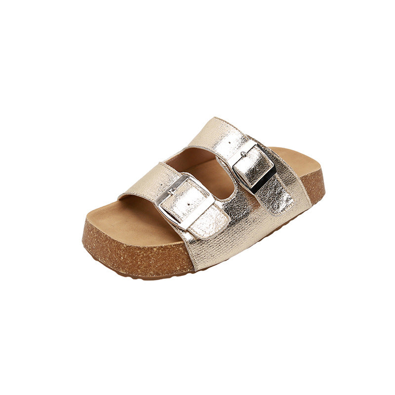 Women's Cowhide Version Mini Vintage Buckle Platform Slippers