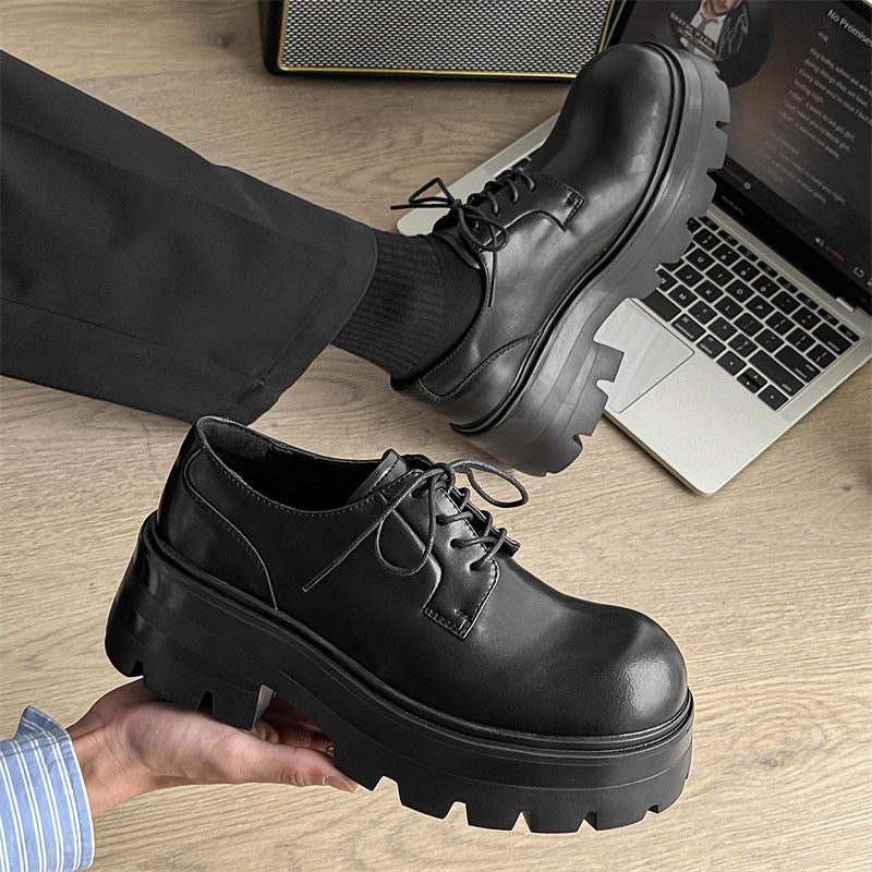 Men's Platform Height Increasing Derby High-grade Black Leather Shoes