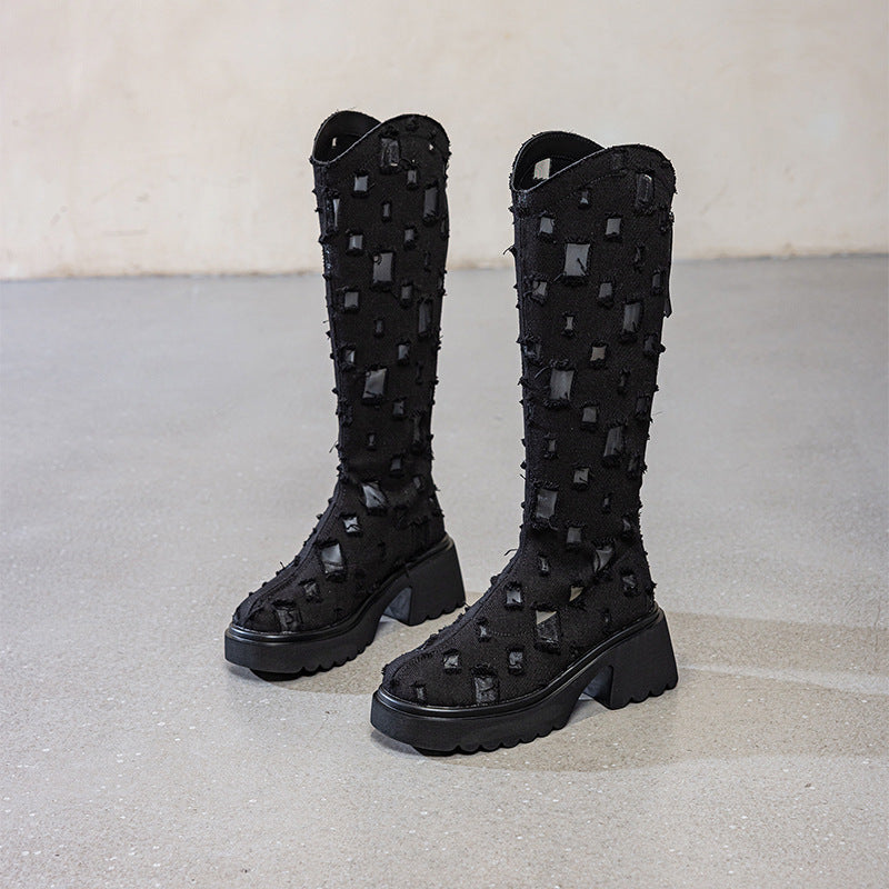 Women's Thick Bottom Summer Hollow Breathable Denim Skinny Sandals