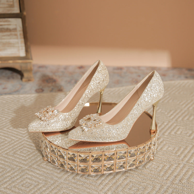 Wedding Waterproof Platform Rhinestone Square Buckle Women's Shoes